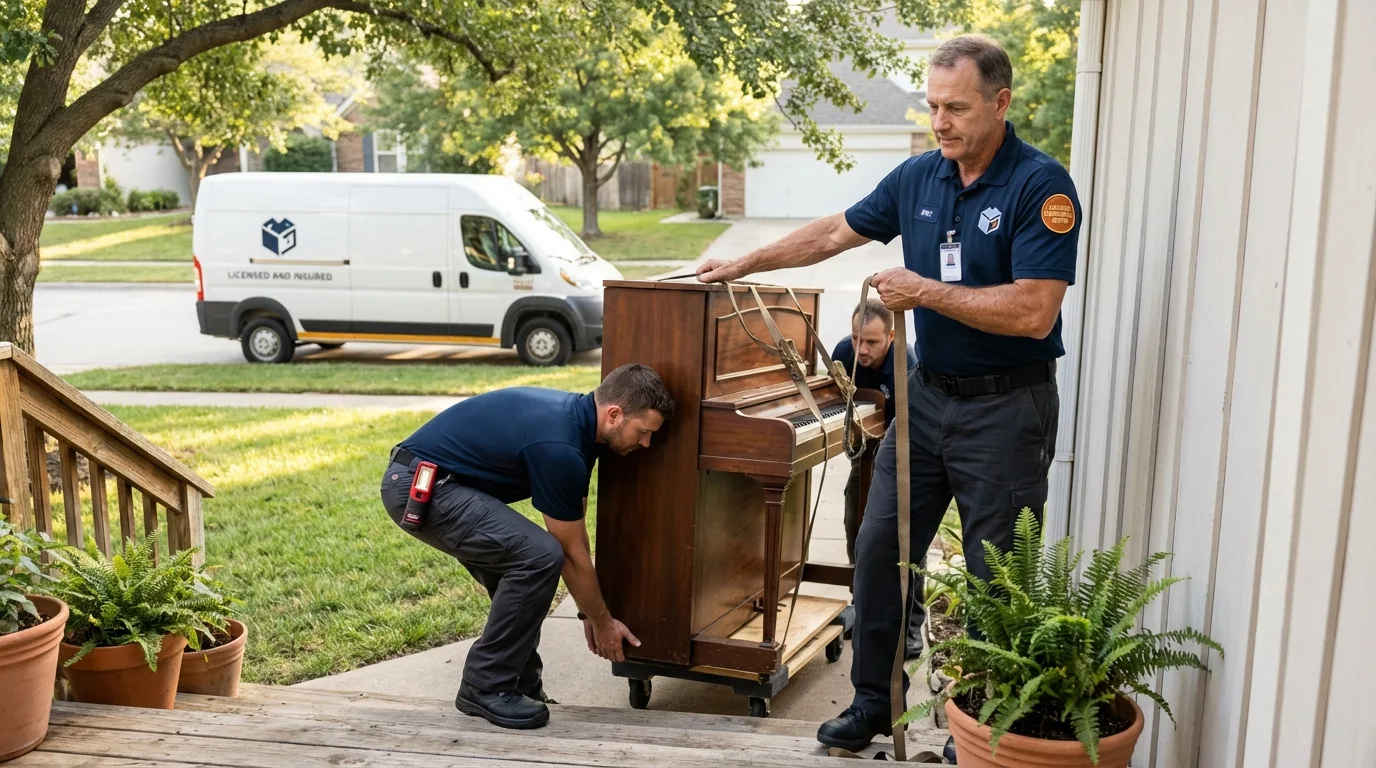 Licensed piano movers securing grand piano in Pound Ridge, NY