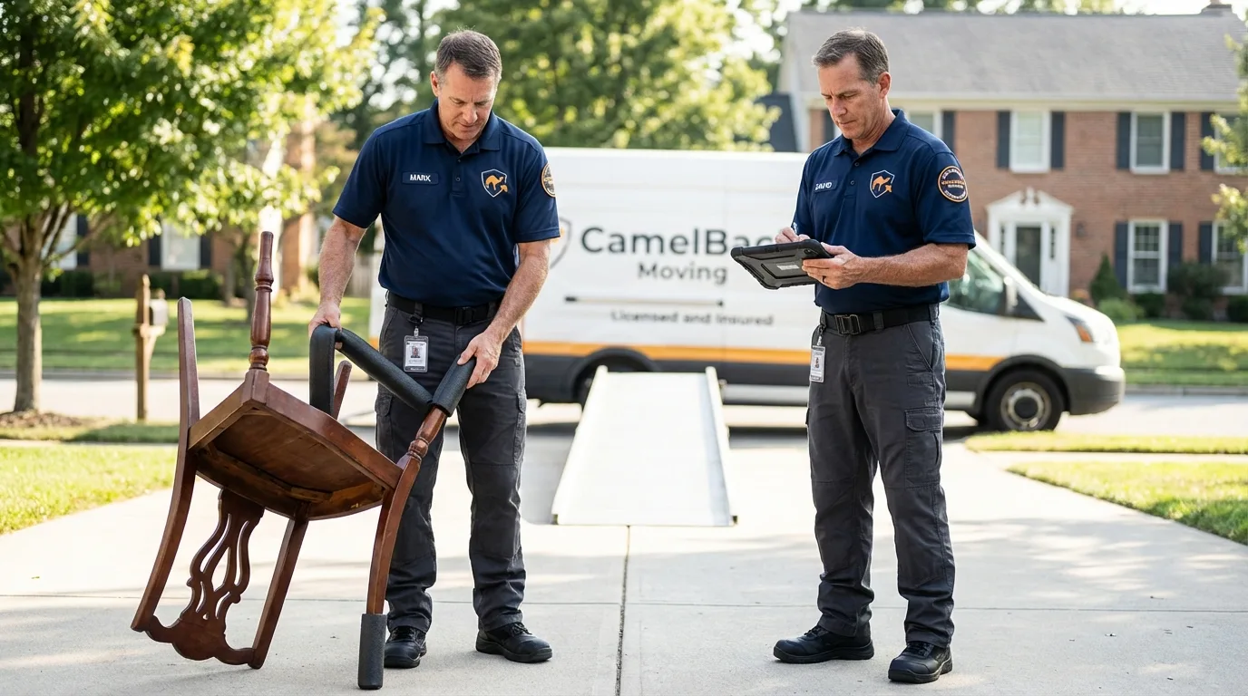 Movers inspecting furniture for damage prevention before loading in Pound Ridge, NY