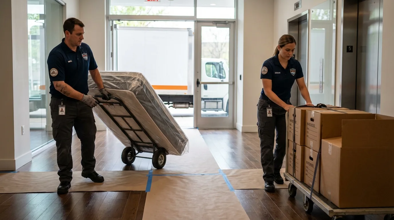 Professional apartment movers loading elevator in Pound Ridge, NY
