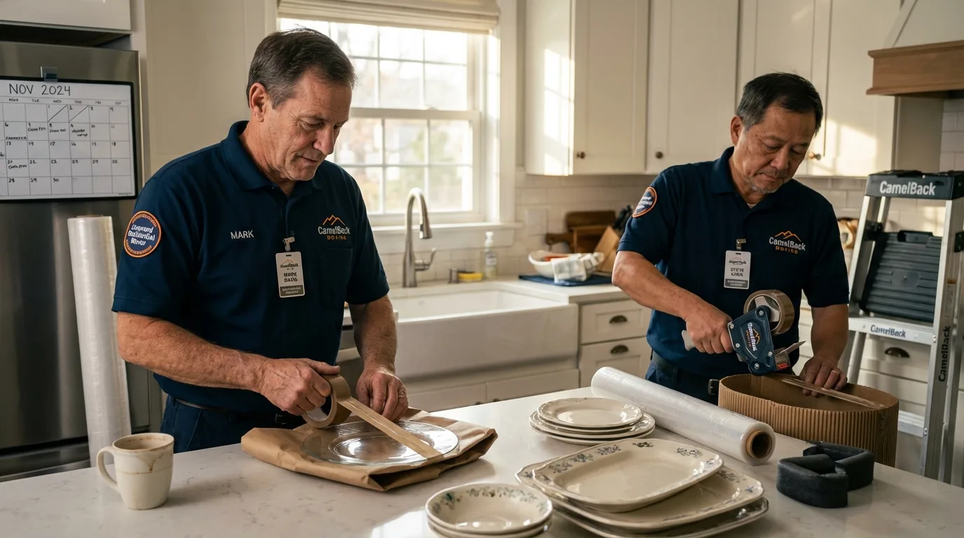 Professional crew packing kitchen dishware in Pound Ridge, NY